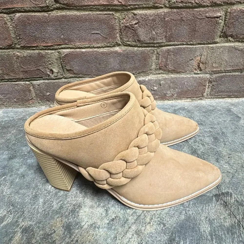 Womens Chunky Nude Block Heel Mules Braided Strap Booties Slip On Pointed Toe Sh